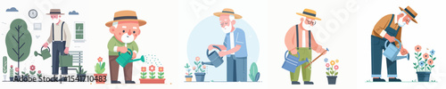 vector character grandpa watering flowers