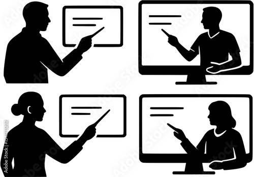Virtual Teaching Silhouettes, Minimal Black Vector Illustrating Online Education and Remote Learning