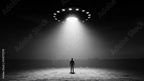 Person in a field illuminated by a light beam from a UFO. Black and white alien abduction scene. World UFO day