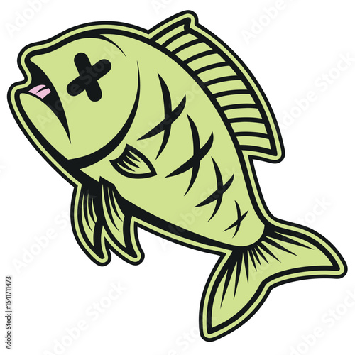 Light green cartoon fish with x eyes is displayed on a white background