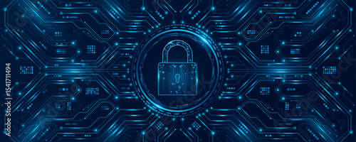 Futuristic vector cybersecurity background featuring a glowing lock icon with circuit board pattern. Electronic system design for data encryption, firewall technology and information security.