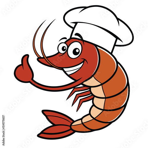Smiling shrimp wearing a chef hat and gives a thumbs up with transparent background