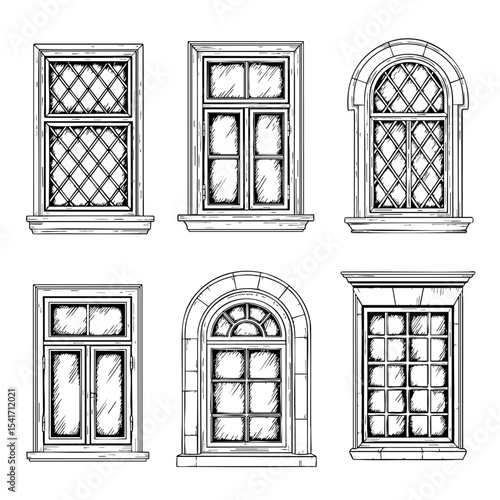 Types of Windows Hand Drawn Sketch in one Picture, on a Transparent Isolated PNG Background