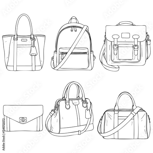 Types of Bags Hand Drawn Sketch in one Picture, on a Transparent Isolated PNG Background