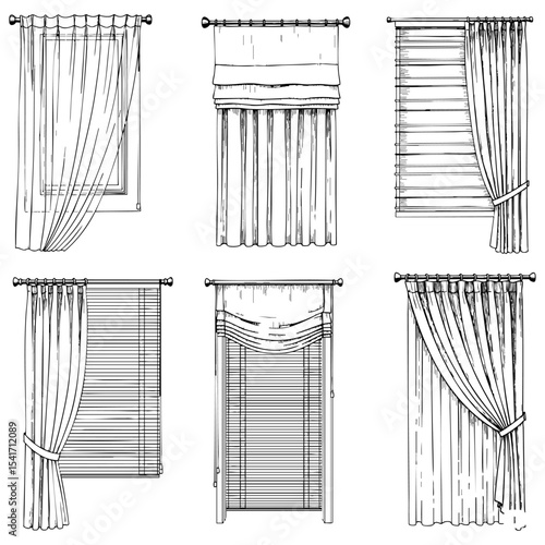 Types of Curtains Hand Drawn Sketch in one Picture, on a Transparent Isolated PNG Background
