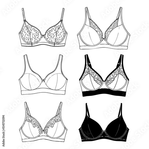Types of Bras Hand Drawn Sketch in one Picture, on a Transparent Isolated PNG Background
