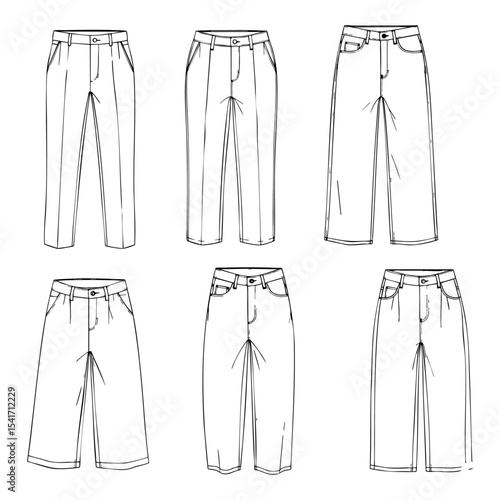 Types of Pants Hand Drawn Sketch in one Picture, on a Transparent Isolated PNG Background