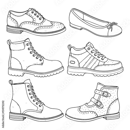 Types of Footwear Hand Drawn Sketch in one Picture, on a Transparent Isolated PNG Background