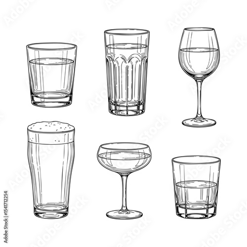 Types of Water Glasses Hand Drawn Sketch in one Picture, on a Transparent Isolated PNG Background