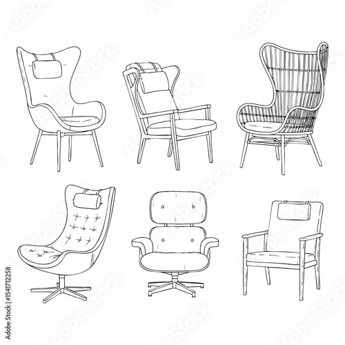 Types of Lounge Chairs Hand Drawn Sketch in one Picture, on a Transparent Isolated PNG Background