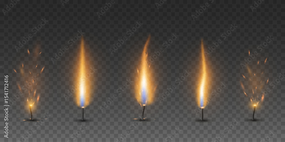 Set of realistic fire effects with sparks on wick of candle on a transparent background. Burning flame from candles for visualizing heat, combustion or festive events. Vector illustration.
