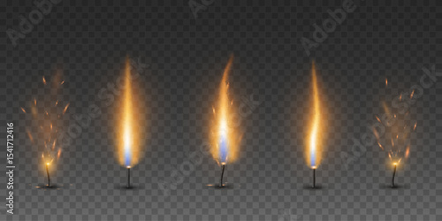 Set of realistic fire effects with sparks on wick of candle on a transparent background. Burning flame from candles for visualizing heat, combustion or festive events. Vector illustration.