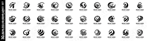 Set of 30 abstract polar bear logo templates in monochrome vector style. Ideal for branding, identity, and wildlife-themed designs.