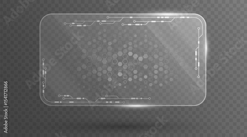 Sci-fi digital glass panel with shining circuit lines and hexagonal pattern for cyber ID card isolated on transparent background. Hi-tech dashboard for UI and GUI design. Vector illustration.