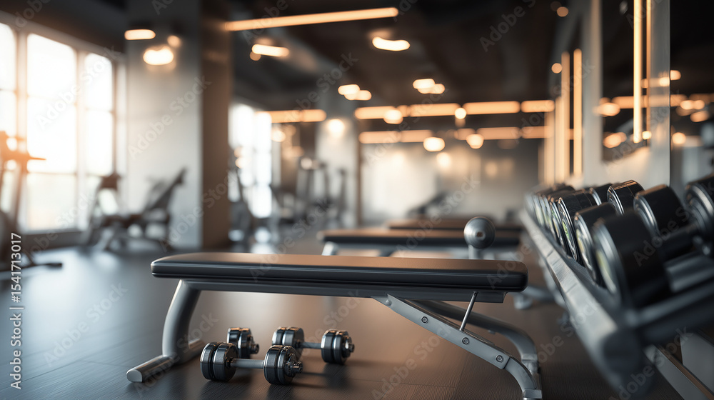 Fototapeta premium Modern fitness studio with weight benches and dumbbells, minimalist design and clean lines. Focus on strength training in a serene space.