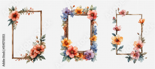 Watercolor 3 Floral Frame  Flower Borders  Beautify Watercolor Floral Frame Set, featuring elegant flower borders in vibrant hues