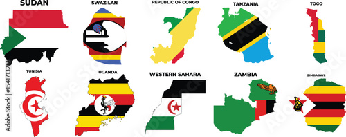 Africa Flags in Country Borders Vol. 7 – Sudan, Swaziland, Republic of Congo, Tanzania, Togo, Tunisia, Uganda, Western Sahara, Zambia, Zimbabwe