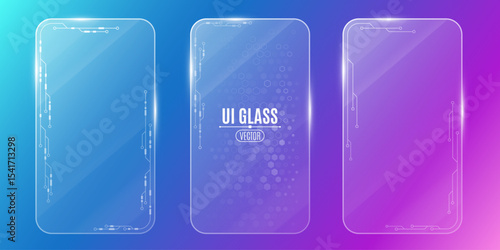 Futuristic UI glass card set featuring transparent panels with circuit board and electronic elements on a multicolored background. Design for hi-tech mobile interfaces and UX dashboards. Vector.