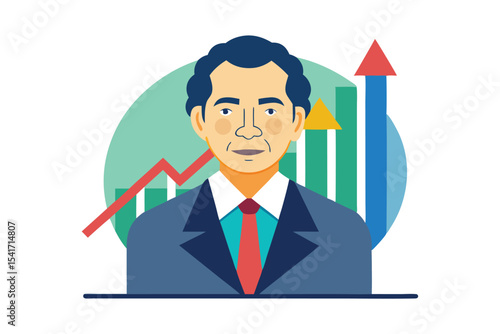 Illustration of a businessman in front of a stock market chart representing growth and success in the financial sector investments