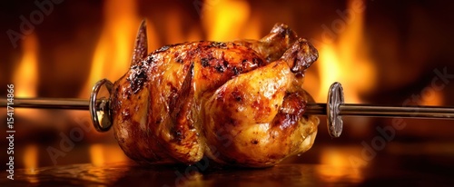 The succulent rotisserie chicken sizzling over an open flame in a warm kitchen