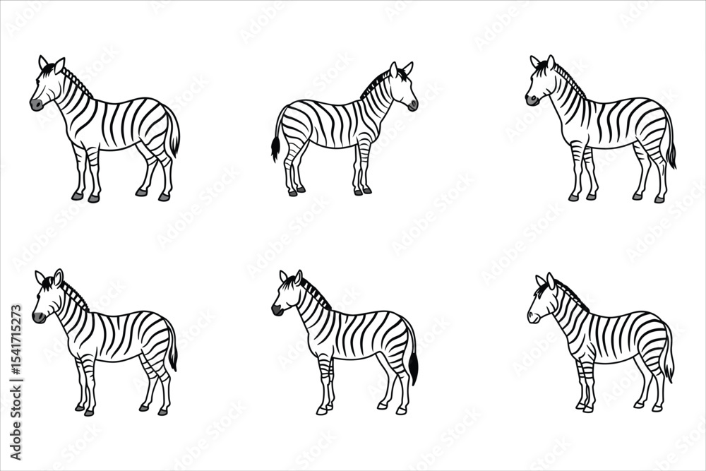 Obraz premium Six Black and White Zebra Illustrations Side Profile