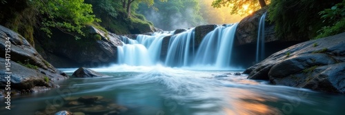 Misty waterfall, ethereal flow, rocks smoothed by time , mountain, fresh