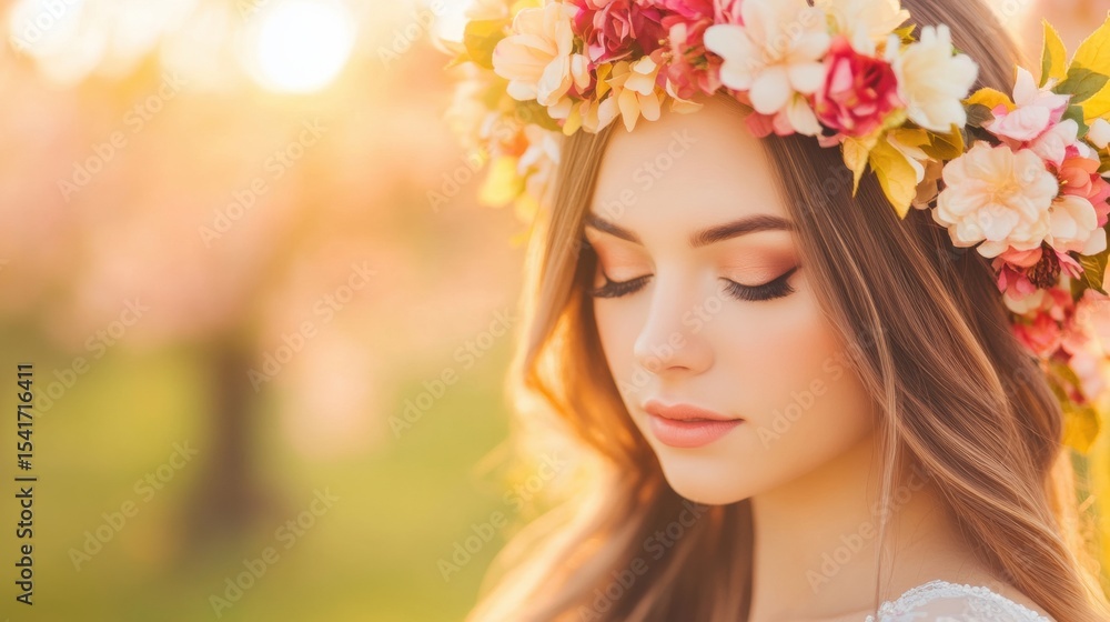 Young woman with flower crown enjoying a moment during springtime in nature Young woman with flower crown enjoying a moment during springtime in nature