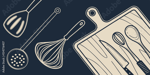 Set of Kitchen Utensils and Cutlery Tools for Cooking and Dining Vector Illustration in black background 