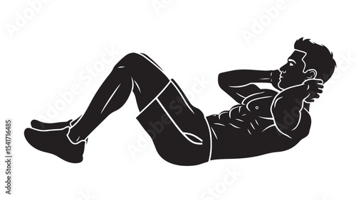 Flat black vector silhouette of a man doing bicycle crunches, side view pose on back with bent knees and elbows, symbolizing core and ab training