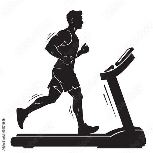 Flat black vector silhouette of a man running in treadmill, slightly angled forward, full body, symbolizing cardio exercise and treadmill workout