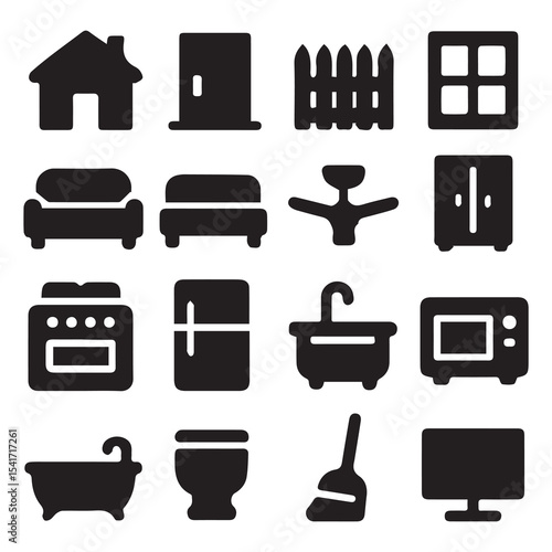 Vector Home Icons – House, Couch, Sink, Fridge, Oven, Bathtub, Room Elements