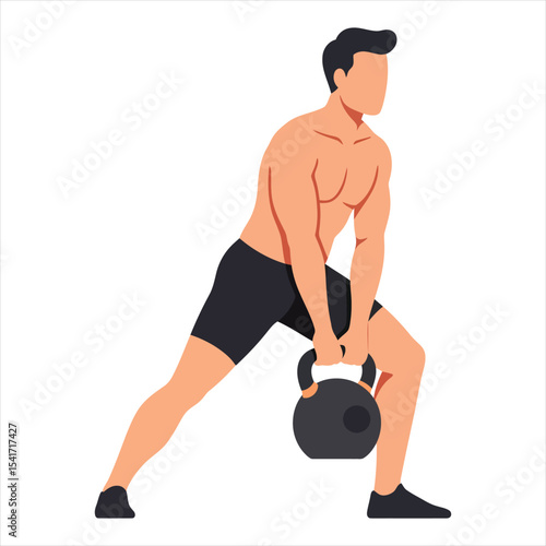Gym Athlete Performing Kettlebell Sumo Deadlift Vector - Muscular Man Training Legs and Glutes for Strength and Fitness