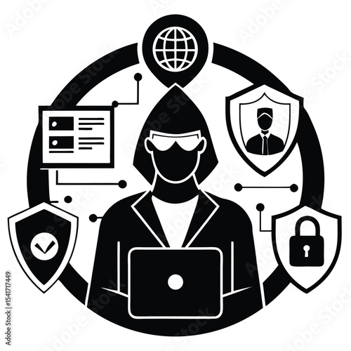 Cybersecurity Hacker Illustration Themed Security Concept Protecting Data and Systems against Cyber Threats, Vulnerabilities, and Unauthorized Access with Advanced Encryption