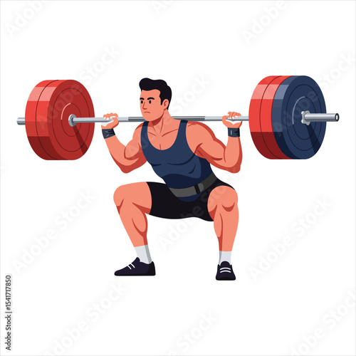Powerful Weightlifter Performing Barbell Squat Vector - Male Athlete Training in Gym for Strength, Fitness and Bodybuilding