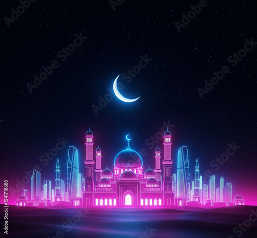 Digital Neon Mosque Skyline Glowing Over Desert at Night with Crescent Moon and Stars – Islamic Futuristic Illustration
