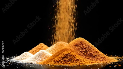 Mounds of colorful ground spices and powders are displayed on a dark surface, with more spice being sprinkled from above.