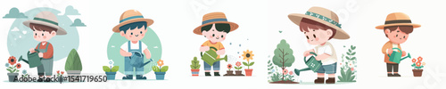 vector character boy watering flowers