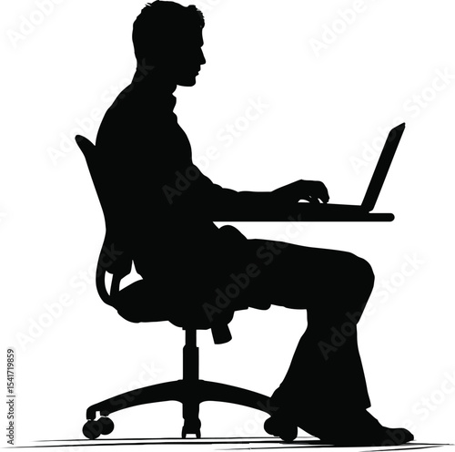 Office Worker Typing at Desk Silhouette – Corporate Vector Illustration for Productivity and Workplace Themes