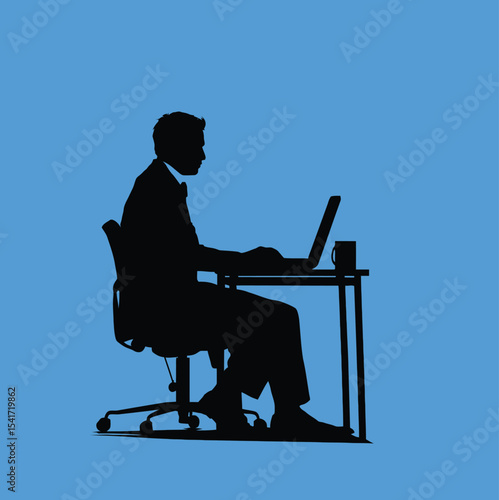 Office Worker Typing at Desk Silhouette – Corporate Vector Illustration for Productivity and Workplace Themes