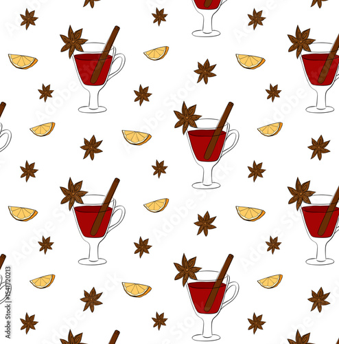 Mulled wine Seamless pattern. Vector graphic line ink illustration. Hand drawn Cinnamon, carnation, anise and orange background. kitchen background for menu design, textile, fabric, wrapping paper