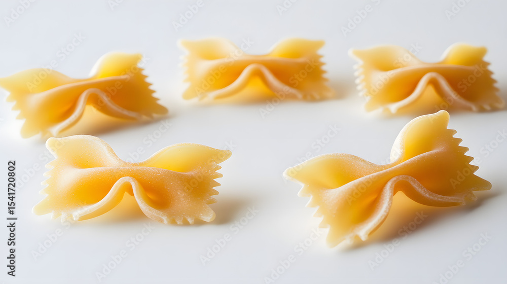 A pristine image of farfalle pasta carefully laid out on a white background, each piece carefully arranged to showcase the distinctive shape. A pristine image of farfalle pasta carefully laid out on a white background, each piece carefully arranged to showcase the distinctive shape.