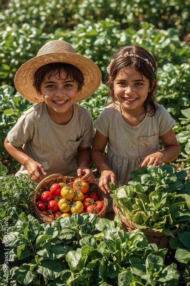custom made wallpaper toronto digitalTwo smiling children harvesting tomatoes and lettuce in a vegetable garden on a bright sunny day