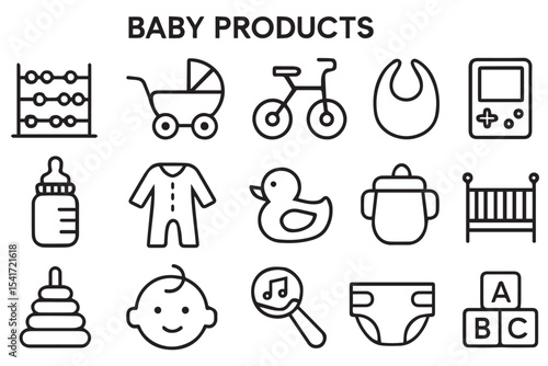 baby products such as strollers, pacifiers, and diapers, representing a range of baby care essentials Baby products icon set