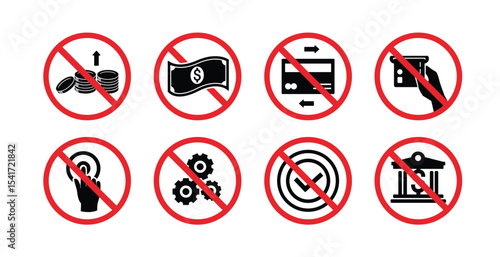 ISO Prohibition Sign, various financial danger signs icons. cash withdrawal at ATM. Click here, PIN number, cash processing and withdrawal symbols and so on