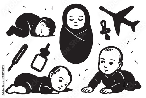 Baby development and care symbols, baby bottle, crawling, sleep, health, travel, swaddled infant, thermometer, childhood, baby products icon set