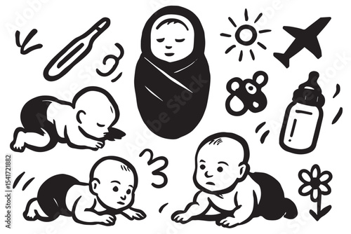 Infant care and growth icons, baby bottle, crawling, swaddled baby, thermometer, travel, nature, childhood milestones, baby products icon set