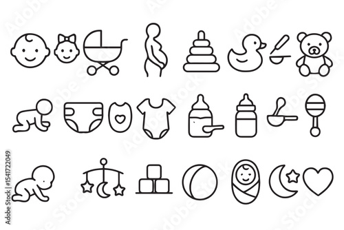 Collection of baby icons, newborn, stroller, diaper, baby bottle, teddy bear, baby essentials, toys, childhood, parenting, baby products icon set