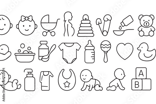 Set of baby care icons, newborn, baby clothing, stroller, feeding, diaper, bath time, toys, baby essentials, childhood, baby products icon set
