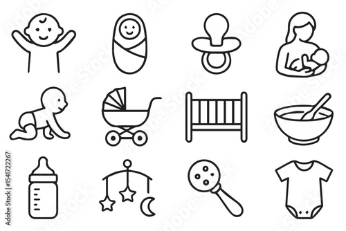 Collection of infant care icons, swaddled baby, stroller, pacifier, bottle, breastfeeding, crib, baby toys, parenting, baby essentials