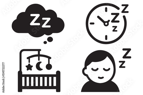 World of sleep icons, sleep cloud, crib, mobile, clock, dreaming baby, relaxation, bedtime, nap, rest, peaceful sleep, sleep symbols